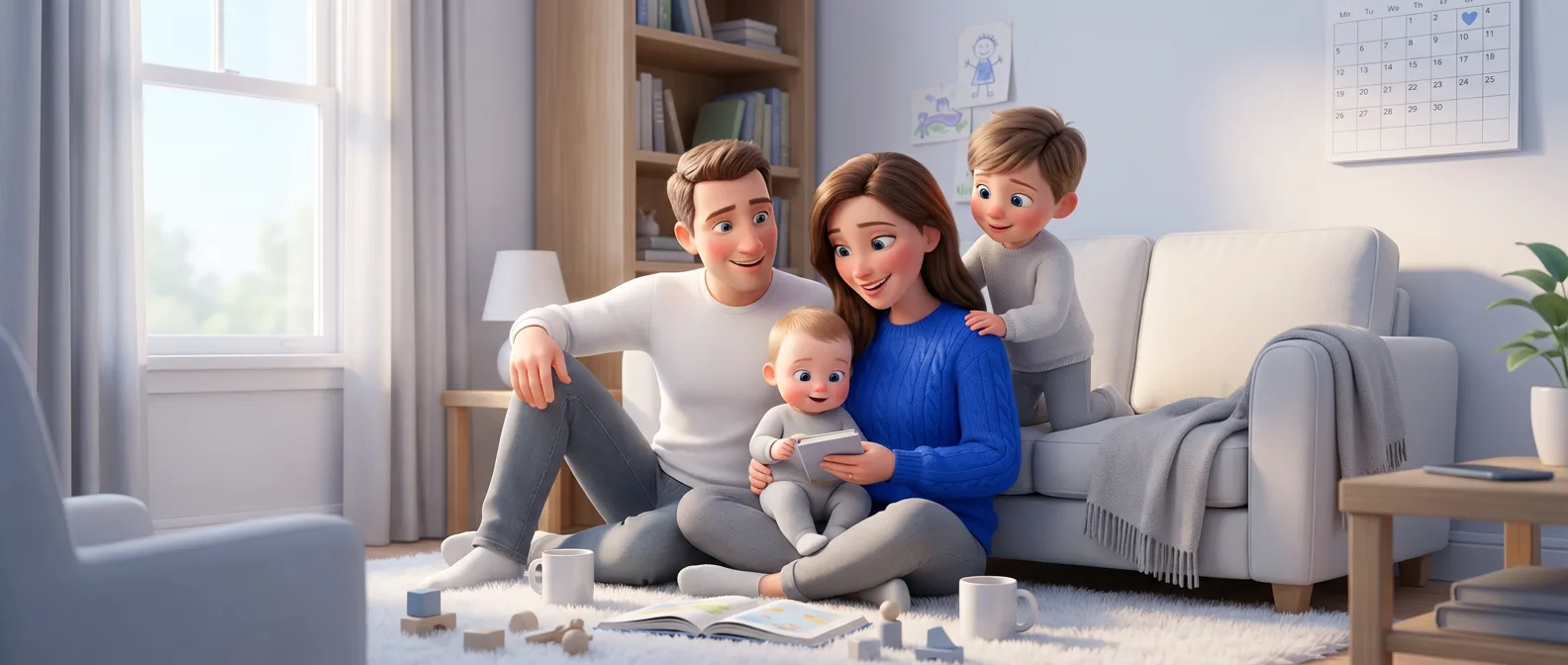 A family laughing together in a calm living room, phone face-down, laptop closed — a present moment with no interruption.