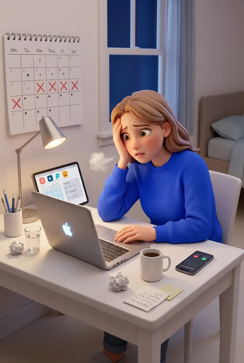 An exhausted host at their desk on a Sunday night — calendar packed with red dots, phone pinging with notifications, laptop with too many tabs open.